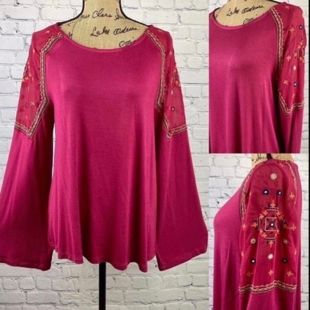 Hannah Sheer Embroidered Flared Sleeve Top